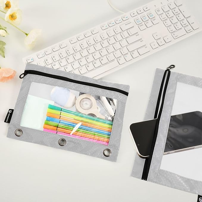 Gredecor Binder Pencil Pouch 3 Ring Grey Zipper Pencil Pouches Case 2 Pack Clear Binder Organizer for School Office