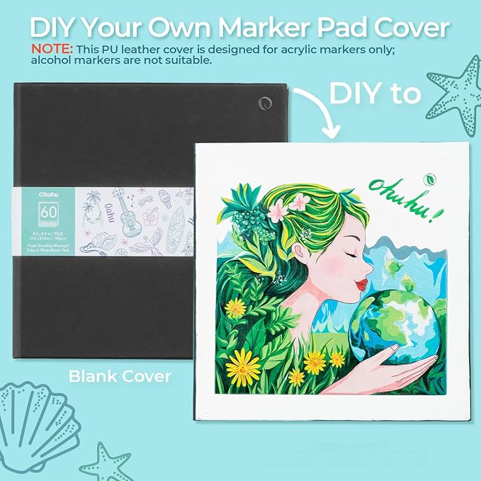 Ohuhu Double-Sided Marker Pad Art Sketchbook Bleedproof - 8.3"x8.3" Square Paper Size - 90 LB/150 GSM Smooth Drawing Paper - 60 Sheets/120 Pages - Hardcover Sketching Book for Alcohol Markers Paints