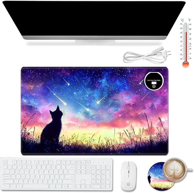 Heated Desk Pad Mouse Pad,Heated Desk Mat,with 3 Heating Levels & 3 Hours Auto Shut-Off,Leather 23.6"*14.2" Gaming Mouse Laptop Mat,Foot Warmer,Colorful Galaxy Cat