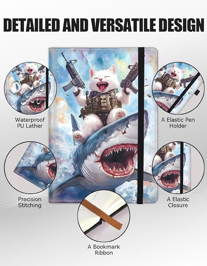 Hardcover Executive Notebooks, A5 PU Leather Lined Journal Notebook, 200 Pages Thick Paper Subject Notebooks for School,Work,Home Writing Business Notebook, Diary Book ，Cat with Guns Riding Shark