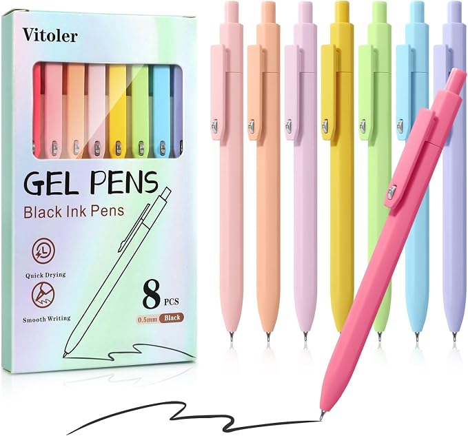 Vitoler Black Ink Gel Pens, 8pcs 0.5mm Smooth Writing Pens with Fidget | For Women, For Teachers, For Nurses, Quick dry, Liquid Ink, For Badge, Felt Tip, Medium Point, For Journaling, Cute