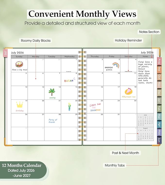 2026-2027 Appointment Book, Academic Weekly and Monthly Calendar Planner from July 2026 - June 2027, A4 8.5" x 11" Hardcover Leather Hourly Daily Planners with Tabs, College School Organizer for Student Teacher, Green