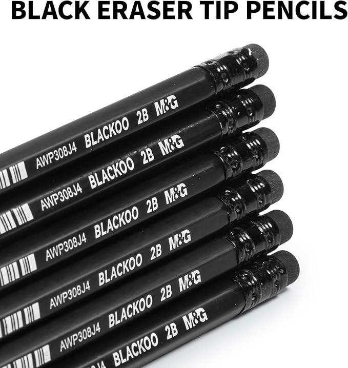 M&G BLACKOO Series 2B Wood-Cased Pencils, 24-Pack Pre-Sharpened with Top Erasers, Bulk Black Pencils for School, Teachers, Writing, Drawing and Sketching (Black)
