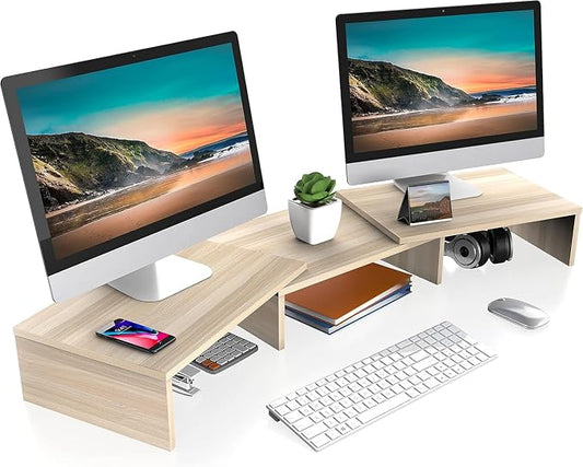 FITUEYES Dual Monitor Stand Riser, Adjustable Length and Angle, Oak | Wooden 3-Shelf Design, Supports up to 55lbs, Flexible for Standard Corner Space, Holds Monitor, Laptop, Phone, Printer