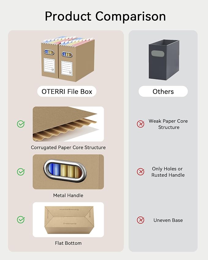 Oterri File Organizer Box, Portable Collapsible Cardboard File Folder Organizer with Handle for Letter Size Hanging Files, Document Storage Box for Home Office & Classroom (2 Packs, Brown)