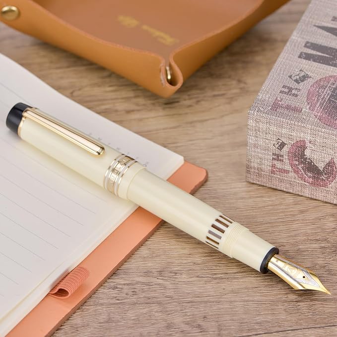 Wikult Yongsheng Junlai 930 Acrylic Fountain Pen, Size 9 Fine Nib with Piston Filling System, Ivory White Fence Ink Tank with Flat Top Design Smooth Writing Pen (Gold Trim)