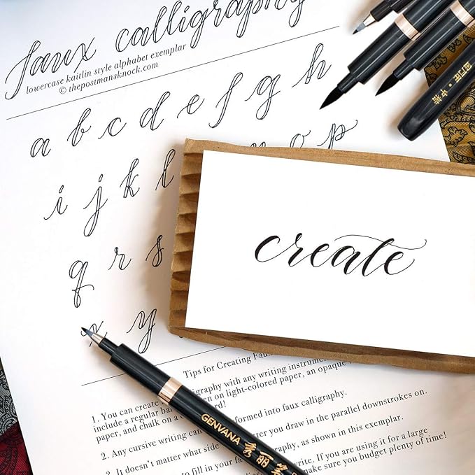 Hand Lettering Calligraphy Pens Brush Marker 4 Size Refillable 6pc | Writing, Painting, Drawing, Pack of 6 Black