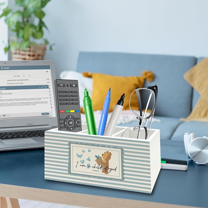 Christian Bear Pen Pencil Holder Organizer for Desk, Bible Verse Religious Wooden Box Signs Decorations for Kids Nursery Room Classroom Desk Tabletop, Christian Gifts for Kids