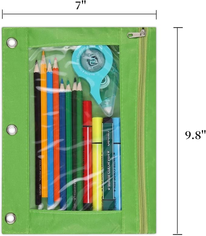 3-Ring Pen Pencil Pouch with Clear Window Stationery Bag Binder Case Classroom Organizers Green