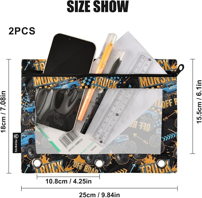 Emelivor Truck Cool Black Pencil Pouch for 3 Ring Binder 2 Pack Large Capacity Pencil Pouches with Zipper Clear Binder Pencil Case Bag for Office College Daily Supplies