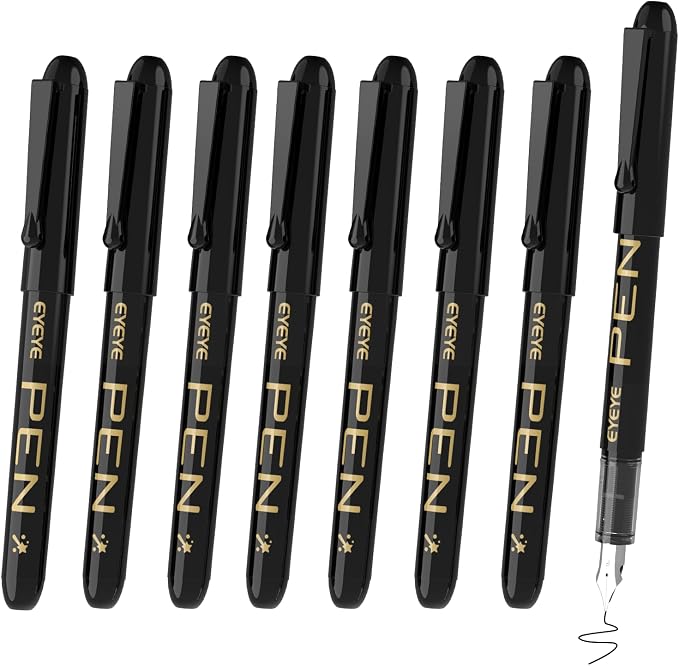 EYEYE Disposable Fountain Pens, 8 Pack Black Fine Point Pens for Writing, Stainless Steel Nib, Smooth Writing for Journaling, Drafting, Sketching, Doodling & Office Supplies