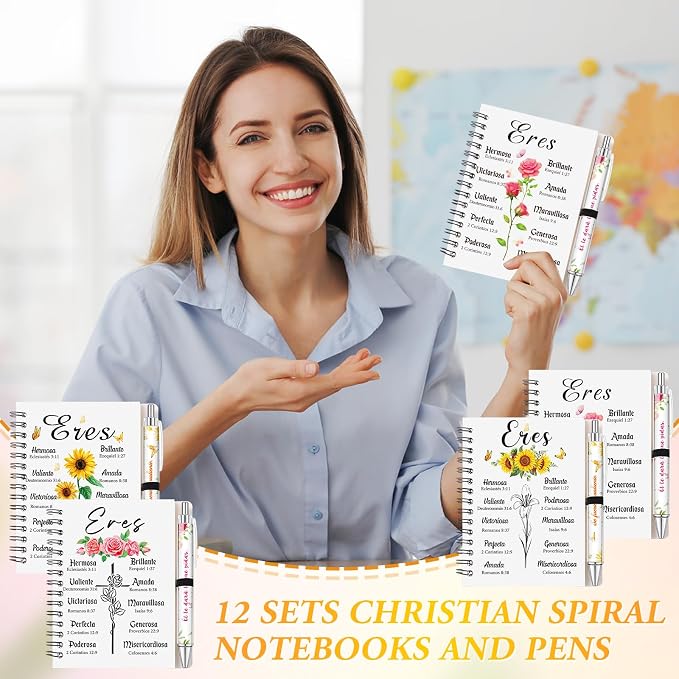 Colarr 12 Sets Spanish Christian Notebooks Bulk for Women Pen and Notebook Gift Set Regalos Cristianos En Español Religious Prayer Scripture Christmas Christian Gift with Bible Verse(Eres)
