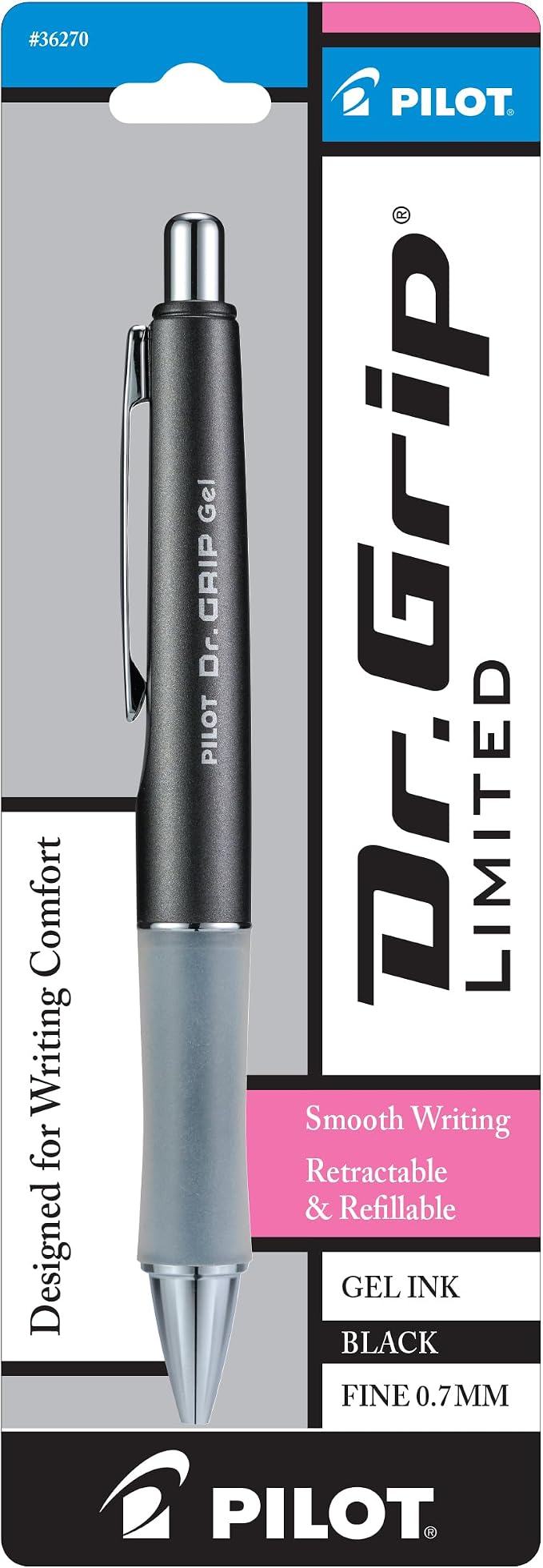 Pilot Dr. Grip Limited Refillable & Retractable Gel Pen, Black, Single Pen | Ideal for School, Journaling & Office Writing