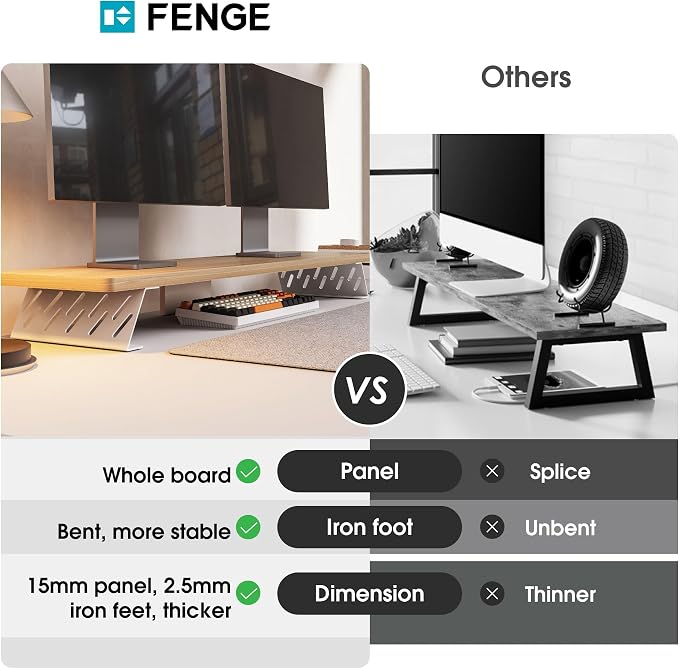 Fenge Monitor Stand Riser, Wooden & Metal Desk Shelf Organizer, Oak | 42.5 Inch Dual Monitor Riser for 2 Monitors, Multifunctional Monitor Shelf for Laptop, PC, Printer