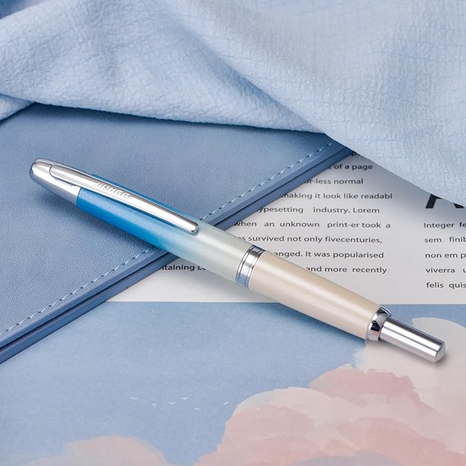 Jinhao 10 Press Fountain Pen with Box, Gradient Blue Retractable Extra Fine Nib with Ink Converter Limited Edition Set (Silver Clip)