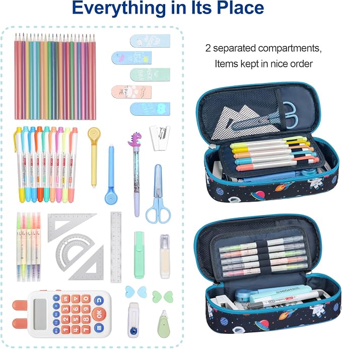 Bagseri Pencil Case for Boys - Large Kids Pencil Pouch for School | Kids Pencil Case Wide Open, Boys Pen Bag with Multi-Slot, Cute Water Resistent Organizer for Stationery, Black Dinosaur
