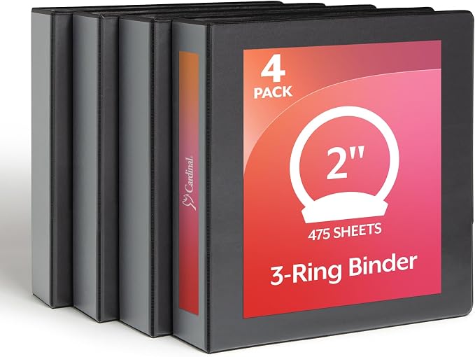 Cardinal Economy 3 Ring Binder, 2 Inch, Presentation View, Black, Holds 475 Sheets, Nonstick, PVC Free, 4 Pack of Binders (79522)
