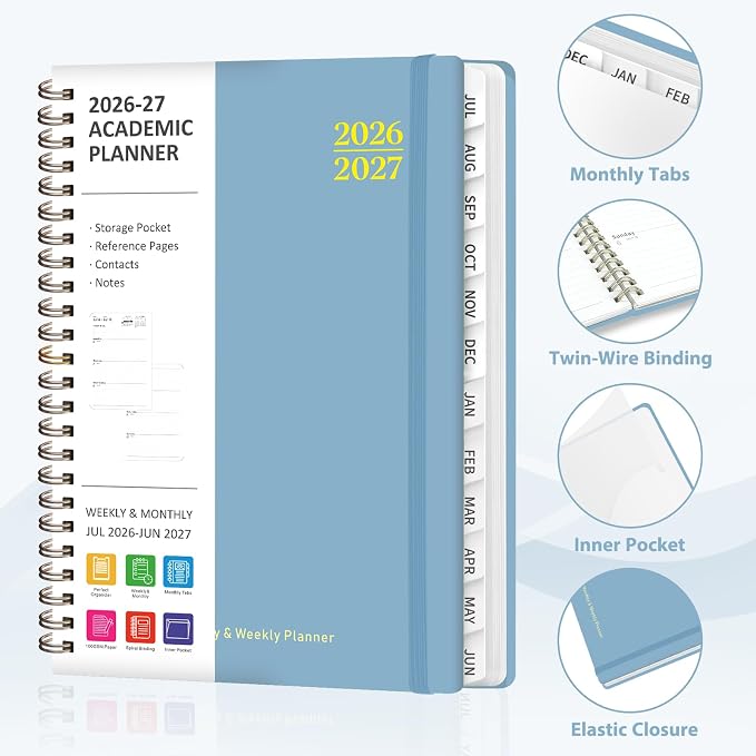 Planner 2026-2027, Weekly and Monthly Academic Planner, July 2026 - June 2027, Hardcover Calendar Agenda Book for School Year Planning, School Supplies for Teacher and Student, A5(6.3'' x 8.5'')