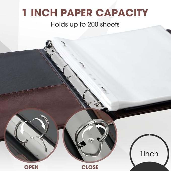 Yexiya 4 Pcs Vintage Hardback 3 Ring Binder Planner Portfolio Leather Round Ring Binder Organizer Holds 200 Sheets with 2 Inner Pockets, 13 x 10 Inch(1 Inch,Brown)