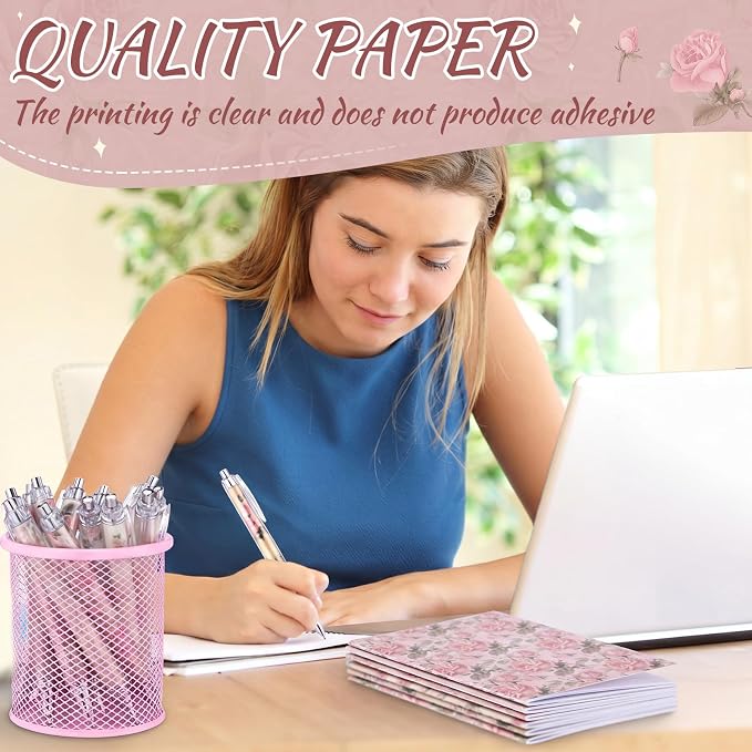 Motiskyy 24 Pcs Vintage Rose Pink Floral Pens Flower Ballpoint Pens Flower Notepads Set Design Line Notebook Employee Gifts Set for Student School Office Supplies, Back to School Gift