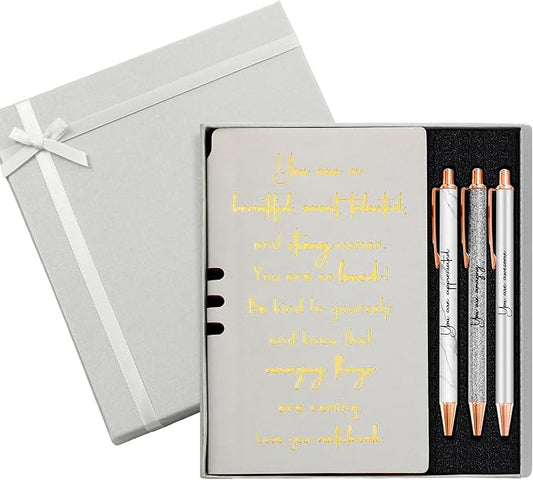 Resurhang 5 Pcs Inspirational Journal for Women Employee Appreciation Gift A6 Leather Journal Glitter Ballpoint Pen with Box for Back to School Teacher Coworker Female Secretary Nurse(Gray)