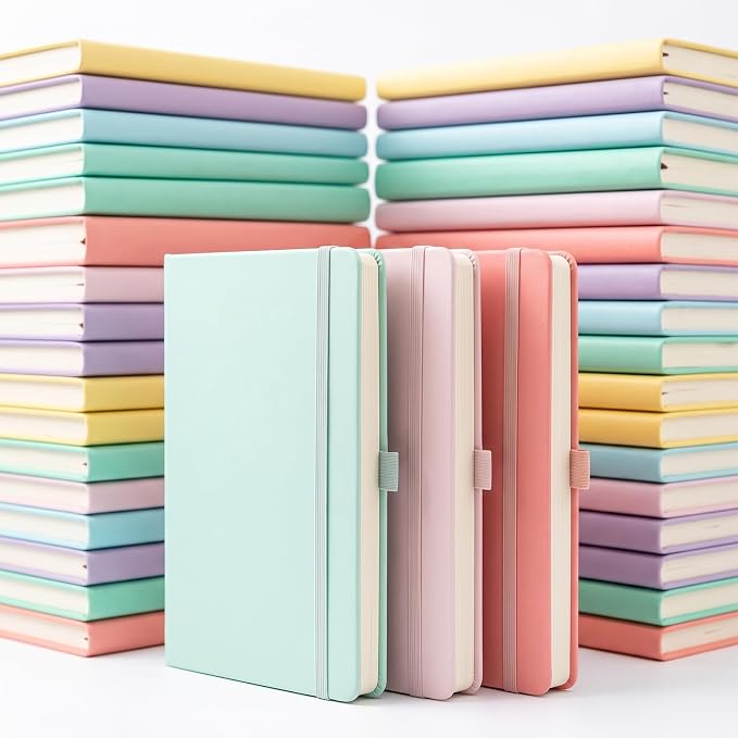 Topphopy 36 Pack Pu Leather Lined Journal Notebooks, A5 Executive Notebooks Bulk, 5.5 x 8.3 Inch Hardcover Notepad for Business Office School (light color)