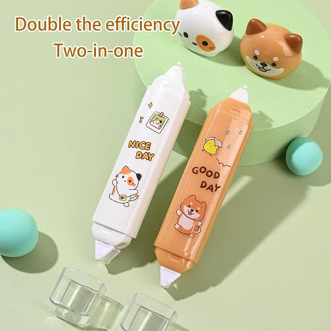 2 in 1 Correction Tape and Double Sided Tape Roller, Cute Quick Dry Japan White correction tape,with Permanent Double Sided Adhesive Tape Roller,for School Office Supplies
