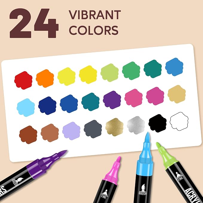 Pagather 24 Colors Acrylic Paint Markers, Dual Tip with Fine Tip and Brush Tip Pens for Fabric, Stone, Wood, Canvas, Ceramic, Metal, Glass, Rock Painting, DIY Crafts