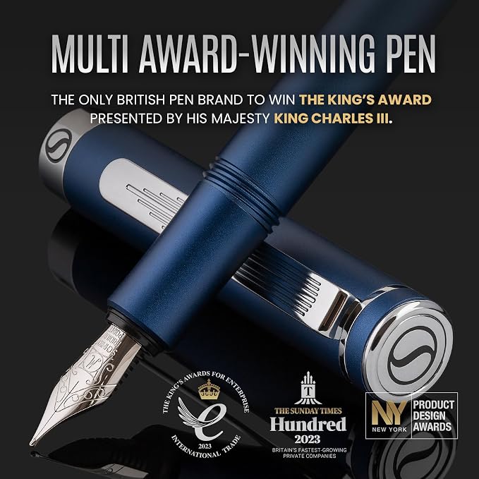 Scriveiner Luxury EDC Fountain Pen (Medium), Stunning Matt Blue Pocket Pen, Chrome Finish, Schmidt German Nib, Converter, Best Writing Pen Gift Set for Men & Women, Nice Fancy Office Designer Pen