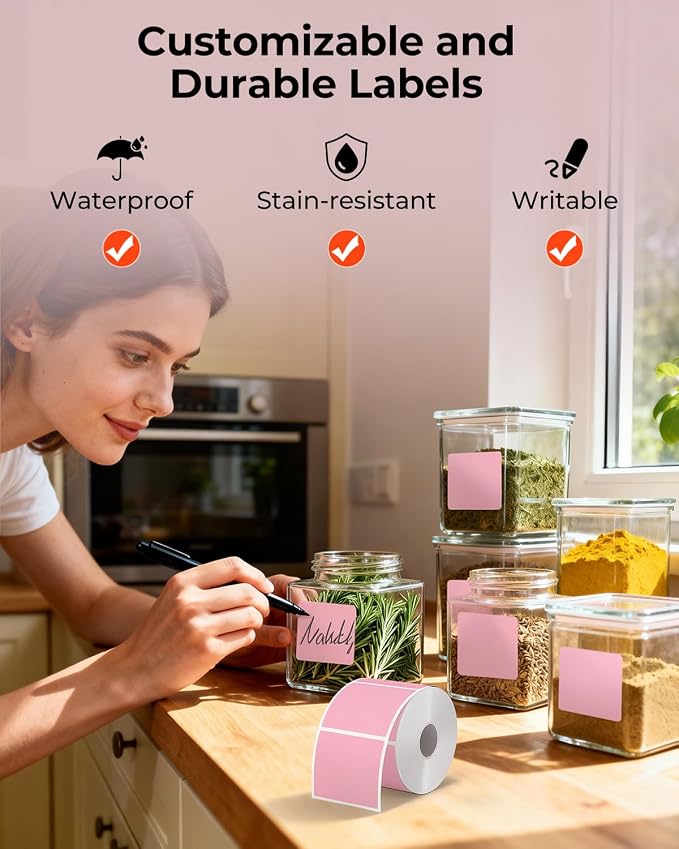 MUNBYN 2x2 Thermal Labels, 750 Sheets/Roll, Pink | Strong Adhesive & Perforated, Non BPA&BPS for Small Business, Barcode, Bakery, Shipping