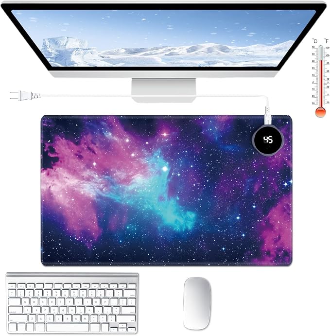Heated Desk Pad Large Mouse Pad 23.6 x 14.1 inch with 3 Levels Heating & Auto Shut-Off Warm Mouse pad PU Leather Computer Mousepad for Home Office Work - Beautiful Galaxy