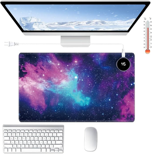 Heated Desk Pad Large Mouse Pad 23.6 x 14.1 inch with 3 Levels Heating & Auto Shut-Off Warm Mouse pad PU Leather Computer Mousepad for Home Office Work - Beautiful Galaxy