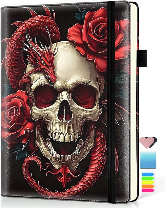 Hardcover Executive Notebooks, A5 PU Leather Lined Journal Notebook, 200 Pages Thick Paper Subject Notebooks for School,Work,Home Writing Business Notebook, Diary Book, Red Dragon and Skull Flowers