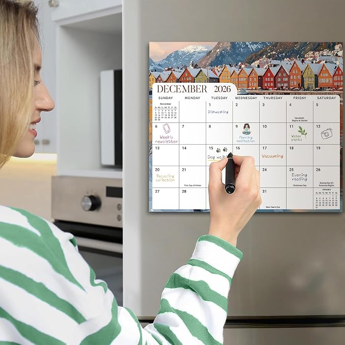 Aesthetic 2026-2027 Magnetic Calendar for Refrigerator, 21-Month Fridge Calendar Magnet from April 2026 to December 2027, Easy Organizing, European Landscape