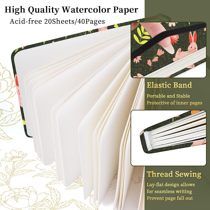 5x5 Handy Portable Handmade Cloth Fabric Hardcover Sewing Binding Travel Watercolor Paper 140LB/300gsm 20Sheets/40Pages Journal Mixed Media Pad Sketchbook. Spring Rabbit