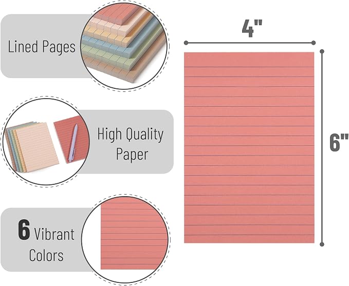 Mr. Pen- Lined Sticky Notes, 4" x 6", 6 Pads, 45 Sheets/Pad | Sticky Notes with Lines, Ruled Post Stickies, Memo Pads, Self-Stick Note Pad for Office, School, Home, Study
