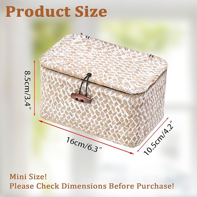Small Wicker Basket with Lid, Decorative Box for Shelf | Rectangular Bin for Keys & Remotes, Multipurpose Shelf Storage, Durable Natural Seagrass, Whitewash, 6.1"x 4"x 3.3"
