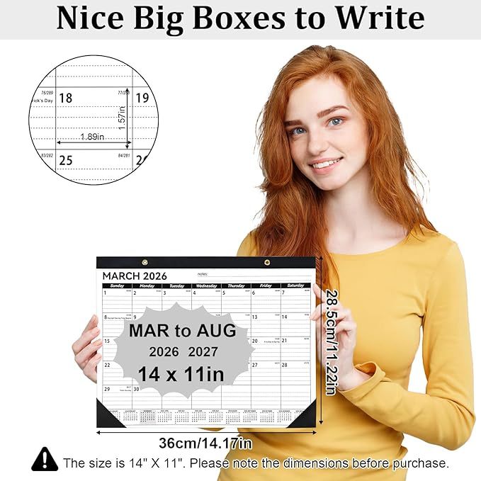 Desk Calendar 2026-2027, 14" X 11" Desktop Calendar 2026-2027, 18 Months Calander Runs from Mar. 2026 to Aug. 2027, Academic Monthly Planner for Home School Office (White and Black)