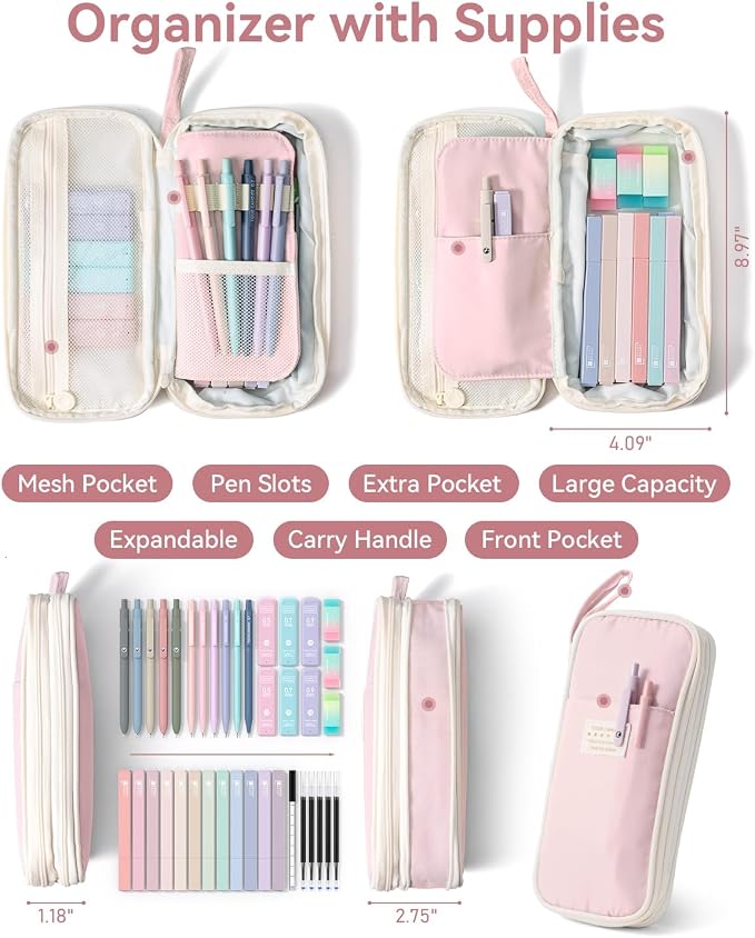 Four Candies School Supplies with Cute Pen Case, 39ct, Pink | Back to School Stationery Set, Essentials for College & Nursing Students, 5 Gel Pens, 6 Mechanical Pencils, 12 Highlighters
