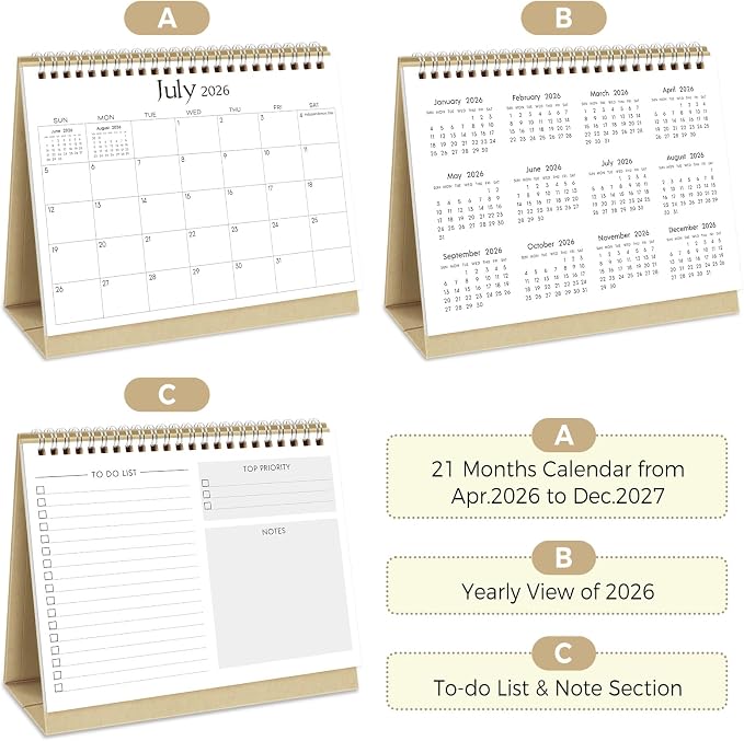 SKYDUE Small Desk Calendar 2026-2027, Jul. 2026 – Dec. 2027, 8.3" x 6.3", Black Minimalist Style, Double-Wire Binding, To-Do & Notes Sections, with 280 Planner Stickers