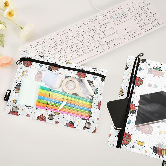 Emelivor Ladybugs Colorful White Pencil Pouch for 3 Ring Binder 2 Pack Binder Pencil Case with Clear Window Pencils Bags with Zipper for College Office Daily Supplies