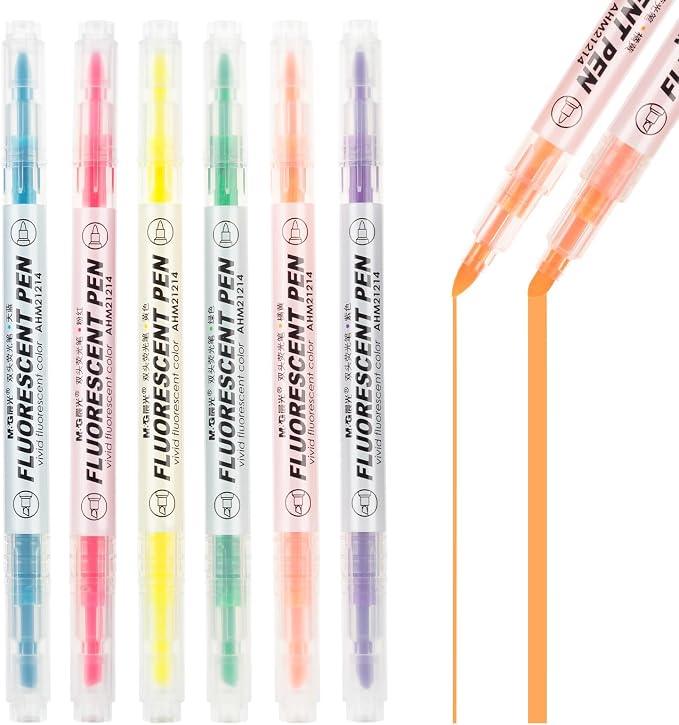 M&G 6 Pcs Dual Tip Highlighters, Chisel & Fine Tip Multicolor Highlighter Pens, Quick Dry, No Bleed, Assorted Bright Colors for Office Documents, Journaling, Planners, and Everyday Organization