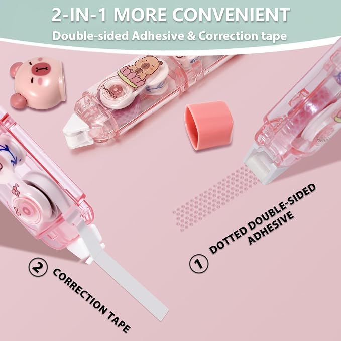 2 in 1 Correction Tape and Double Sided Tape Roller, Cute Quick Dry Japan White correction tape,with Permanent Double Sided Adhesive Tape Roller,for School Office Supplies