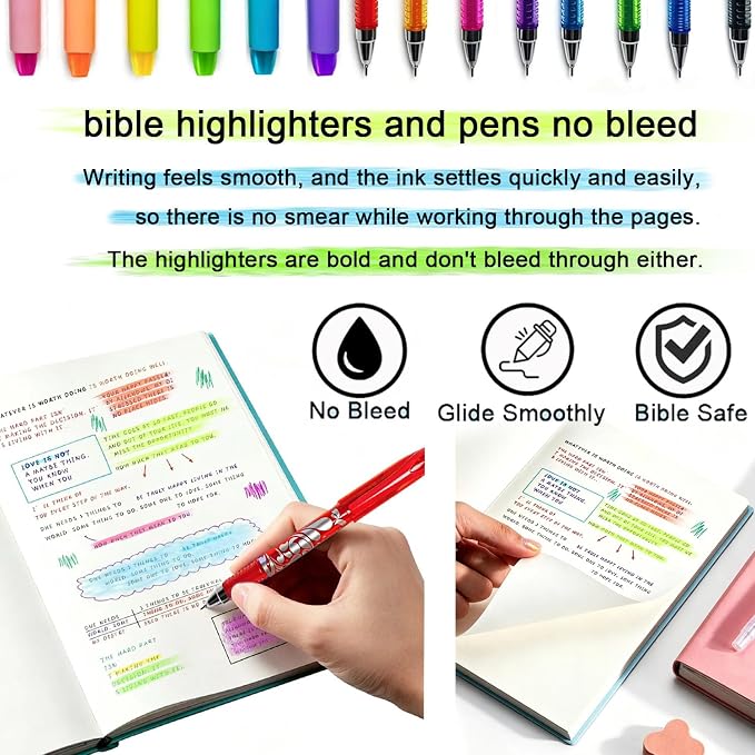 NoteTaking Supplies set Wax Bible Highlighters and Reusable Erasable Pens | 23PCS Aesthetic Highlighter and Erasable Gel Pen set , Perfect for Bible Study Journaling Planner Notes School Supplies.
