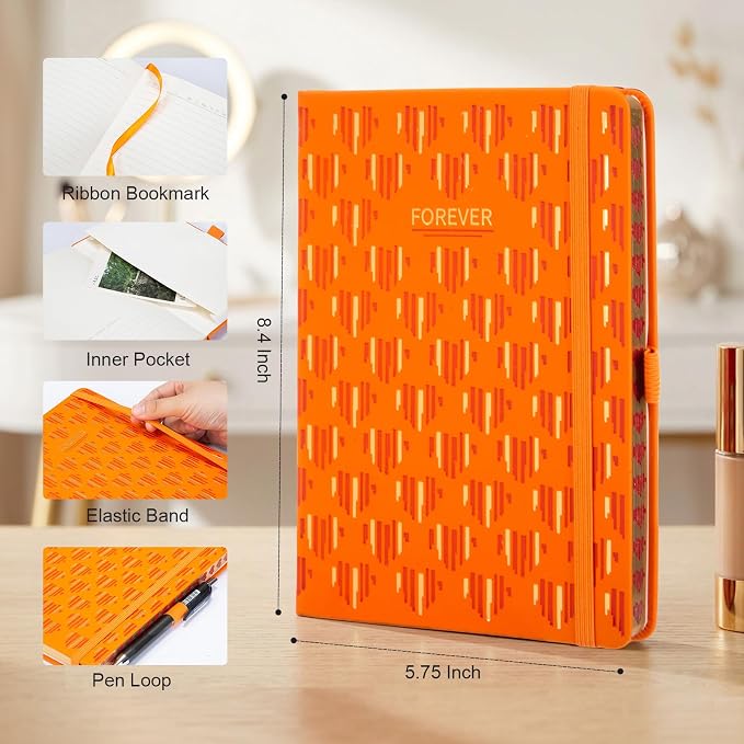 Comix Pretty Lined Journal for Women, 5.5" x 8.3" Hardcover Leather Journal for Writing & Note Taking, A5 Cute Notebook for Office School Home, 192 Pages,100 GSGM Paper, Orange, Heart Motif