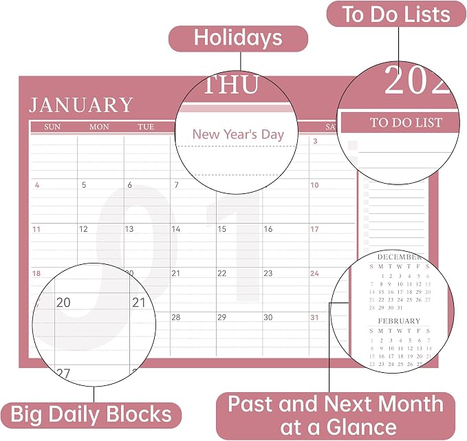Yoment Desk Calendar Refill 2026-2027, Jan 2026-June 2027, Large 10"x16" Monthly Planner with to-do Lists 18 Months Calendar for Office School Home, Pink