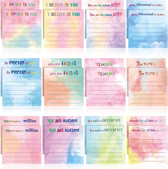 Yinder 12 Pcs Inspirational Sticky Notes, Back to School Supplies, Cute Motivational Sticky Notes Pad Employee Appreciation Gifts Bulk for Teacher Coworker Office 3 x 3'' (Appreciation,Watercolor)