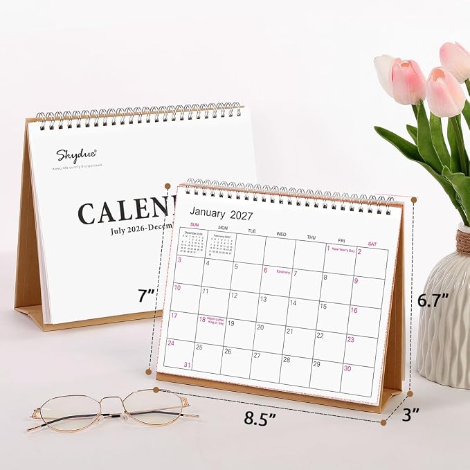SKYDUE Small Desk Calendar 2026-2027, Jul. 2026 to Dec. 2027, 18 Months Small Desk Calendar with Planner Stickers, 8.5" x 7" Desktop Calendar Planner, Kraft