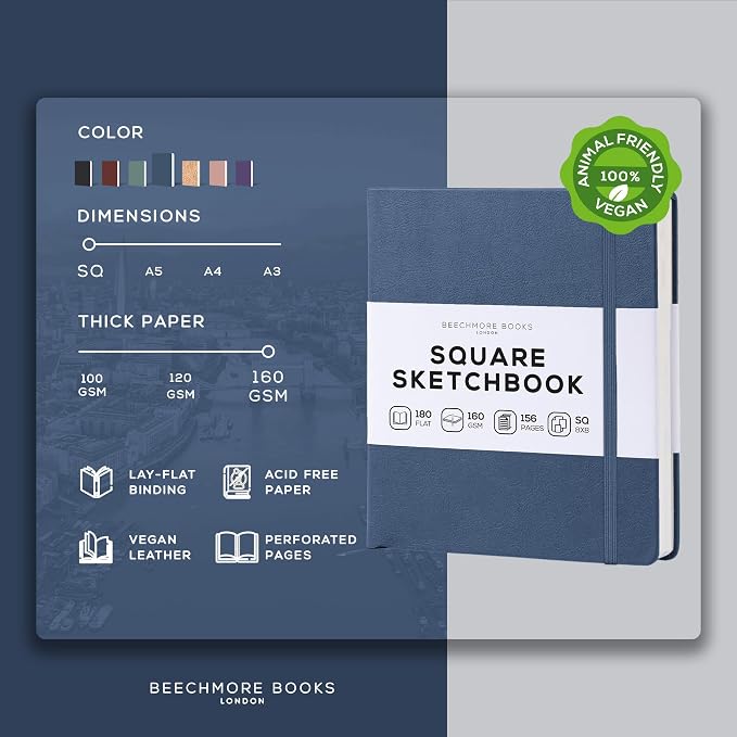 Beechmore Books Square Mixed Media Sketchbook - 8"x8" Professional Art Journal, 160 GSM / 98 lb Ivory Paper, Perforated Pages, Vegan Leather Hardcover, Lay-Flat Design for Drawing & Doodling
