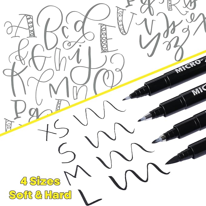 Dyvicl Hand Lettering Pens, Calligraphy Brush Pens Art Markers for Beginners Writing, Sketching, Drawing, Illustration, Scrapbooking, Journaling, Black Ink Pen Set, 4 Sizes